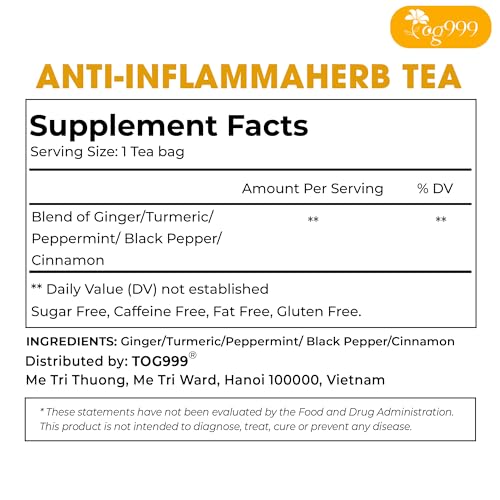 Image of 20 Tea Bags - Anti-Inflammaheb Loose Leaf Tea, 100% Natural from Ginger, Turmeric, Peppermint, Black Pepper, Cinnamon. No Sugar, No Caffeine, No Gluten, Vegan.