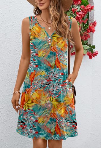 Image of Ladlop Summer Dresses for Women 2026 Beach Loose Casual A Line Dress Sleeveless V-Neck Sundress with Pockets