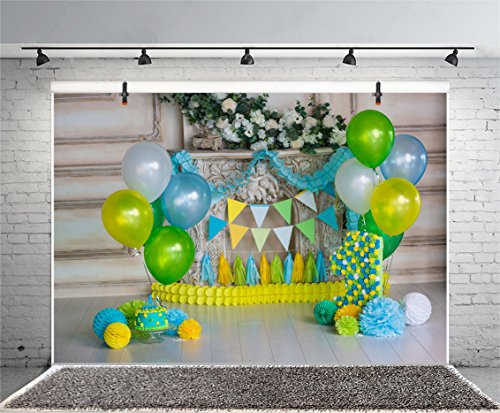Qinunipoto 写真撮影用 背景布 撮影用 背景 happy birthday 誕生日 写真背景布 撮影 小道具 人物撮影用 背景 緑の風船 女の子の誕生日 屋内写真の背景 誕生の背景 生放送 パーティーの背景 ビニール 1.5x1m