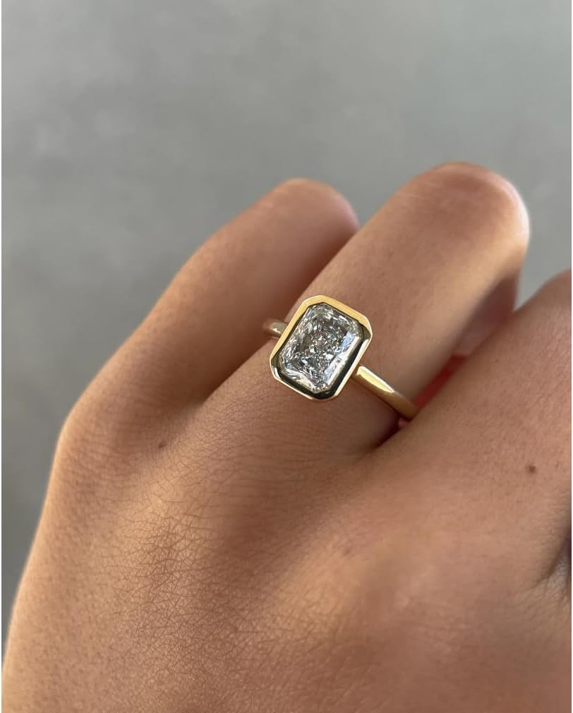 Handmade Rachel 1CT-3CT Bezel Radiant Cut Moissanite Engagement Ring for Women Solitaire Wedding Anniversary Ring Promise 925 Silver, 10K/14K/18K Solid Gold