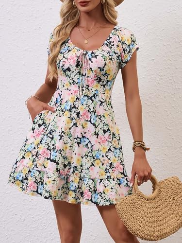 Image of HUHOT Teen Petite Women Floral Short Summer Mini Dresses with Pockets Cute Milkmaid Sundress 2026