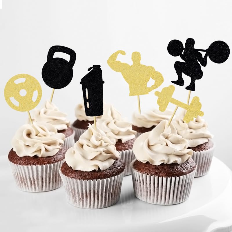 25 Stück Fitness-Kuchen-Deko – Glitzer-Cupcake-Topper Für Sport- Und Gym-Partys, Schwarz-gold
