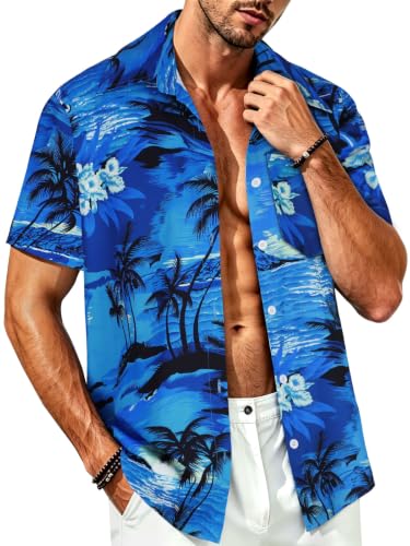 Image of Men Hawaiian Shirt Short Sleeve Summer Beach Button Down Shirts with Pocket