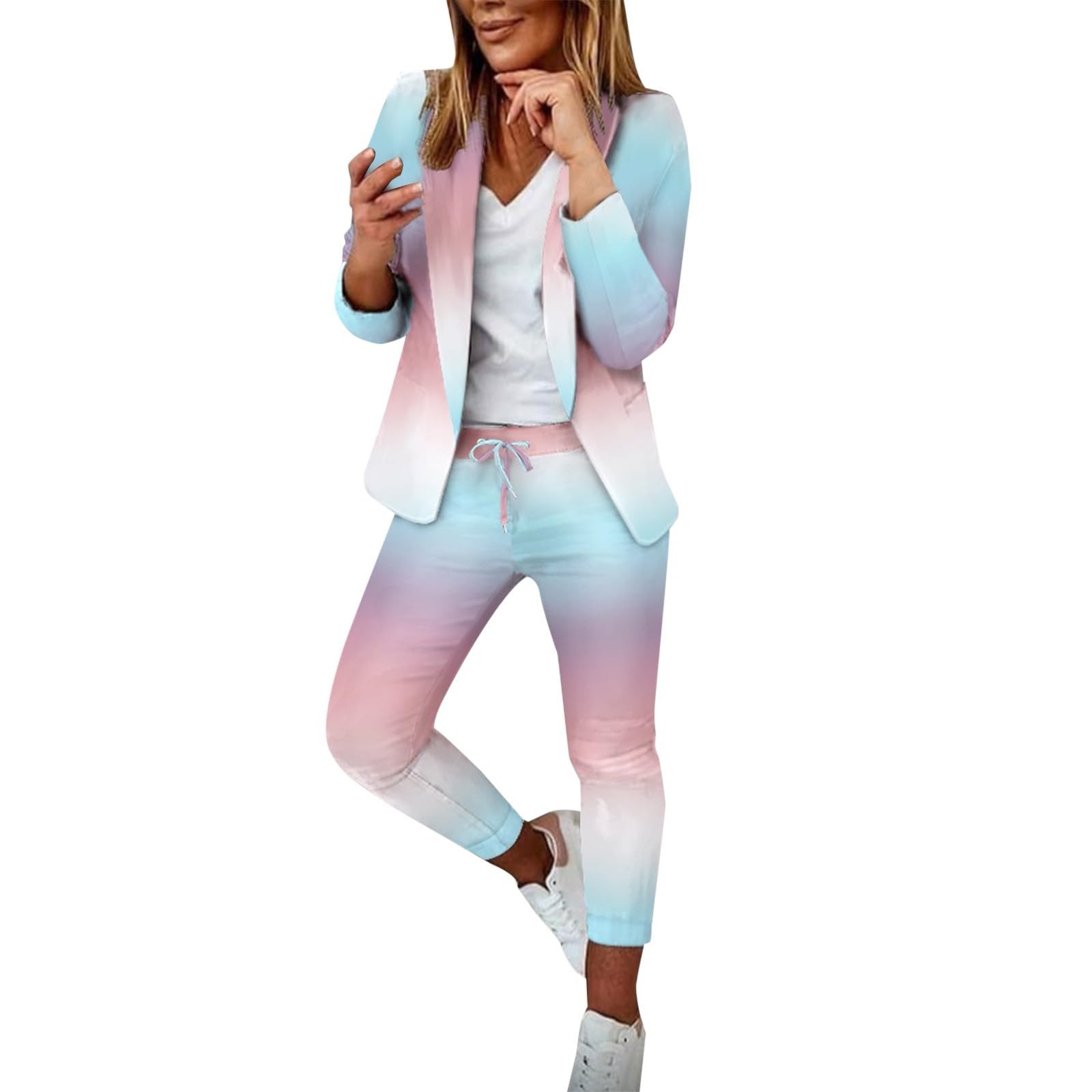 Completo da donna con pantaloni, blazer, pantaloni da donna, giacca e pantaloni alla moda, taglie forti, casual, per il tempo libero, con tasche, elegante, set da salotto