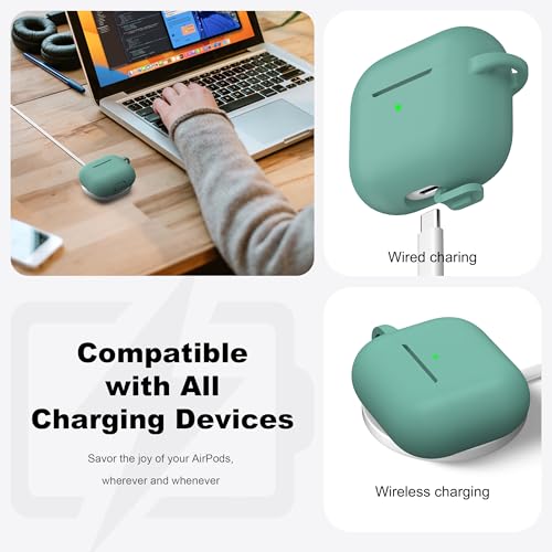 Image of R-fun Compatible with AirPods 3 Case Cover, Silicone Protective Accessories Skin with Keychain Compatible with Apple AirPod 3rd Generation 2021 for Women Men Girls Boys,Front LED Visible,Pine Green