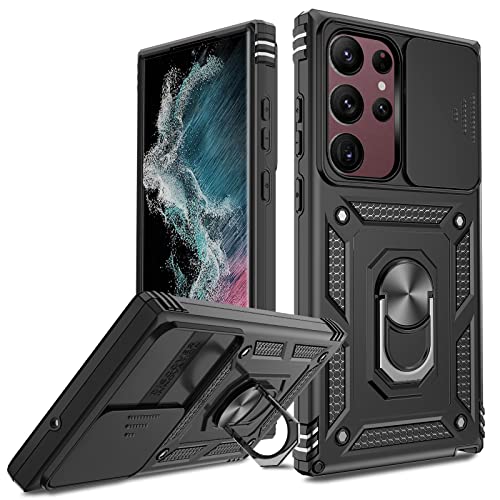LeYi Armour Case for Samsung Galaxy S23 Ultra with Camera Lens Slide, Military Grade Protective Shockproof Rugged Phone Cover with Ring Stand Holder | Camera Protection | Rotatable Kickstand Black