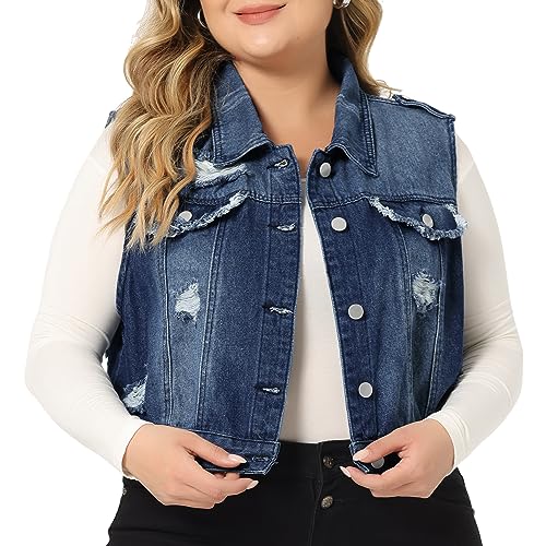 Agnes Orinda Plus Size Denim Vest for Women Sleeveless Button Jean Crop Denim Jacket Vest