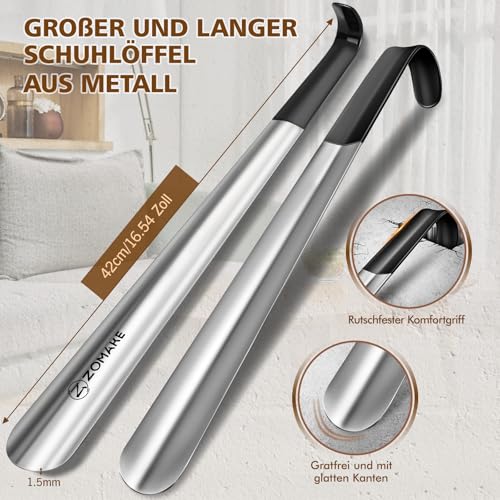 ZOMAKE Schuhlöffel Lang Metall 42 cm, Schuhanzieher Lang Edelstahl für Senioren, Alle Altersgruppen - Müheloses Anziehen ohne Bücken, Ergonomisch - Praktisches Geschenk für Zuhause & Reise(2er Set A)