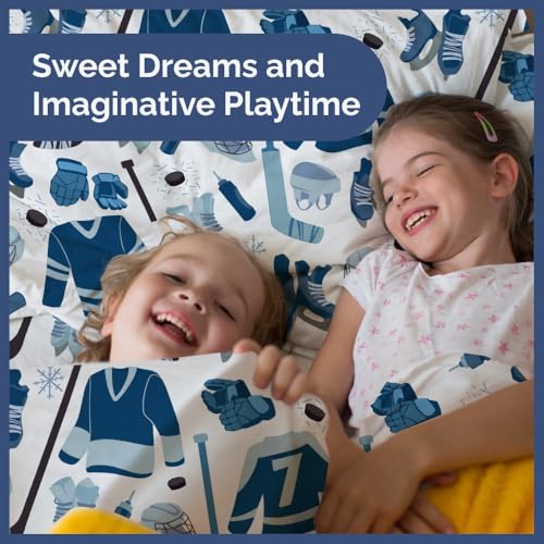 Image of Kids Full Size Blue Ice Hockey Bed Sheets - 4 Piece Sport Sheet Set - Ice Hockey Player Print Bedding - Soft, Breathable & Machine Washable - Sports Game Bed Set for Boys, Girls, Teens and Toddlers