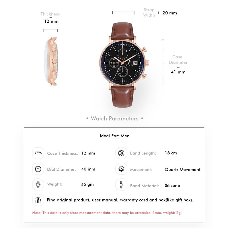 Image of Sylvi Gazedoom RoseCrown Watch for Men - Chronograph with Date & Day, Coffee Brown Leather, Black Dial, 3 ATM Water Resistant