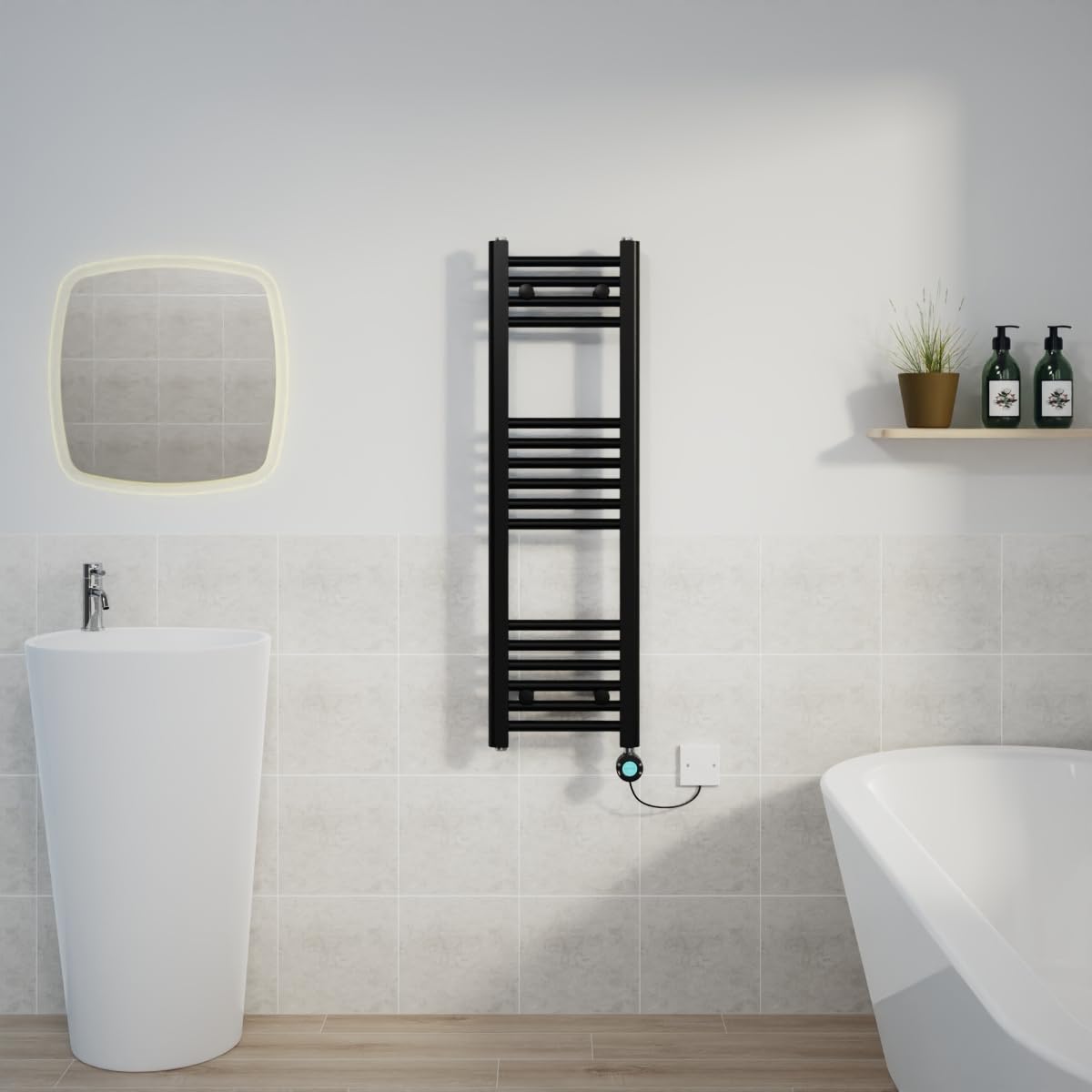 Warmehaus Black Electric Heated Towel Rail Straight Thermostatic Bathroom Towel Radiator with Timer - 1000x300mm 400W