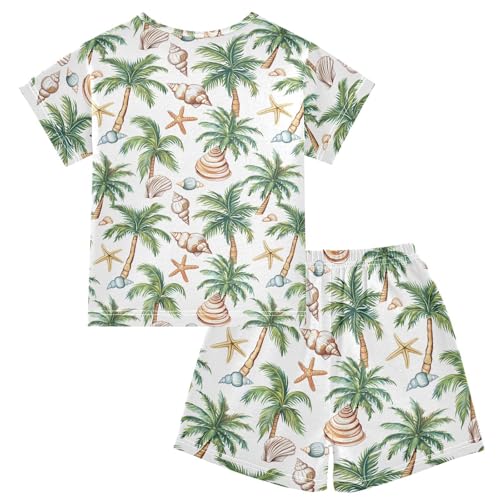 ALAZA Seashell Palm Tree Starfish White Pajamas Short Sleeve 2 Piece Sleepwear Top and Bottom Pajama Set Unisex2