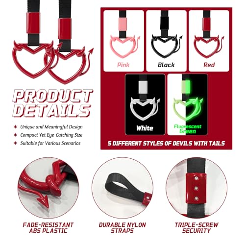 Image of 2 Pcs Devil Heart Shaped Car Handle Strap - JD M Drift Charm Rear Bumper Warning Ring Decor for Car Interior Exterior, Subway Bus Handle Accessory, Cute Heart Car Decor Gift (Red-Tail)