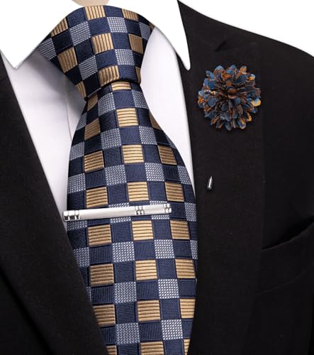 Image of Hi-Tie 63 inches Striped Paisley Extra Long Ties for Men Silk Necktie with Lapel Pin Tie Clip Big and Tall Men Formal Wedding
