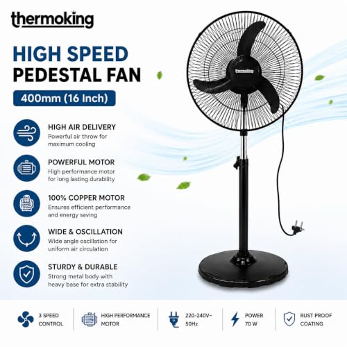 Image of Thermoking Bullet 400mm High Speed Pedestal Fan | 2200 RPM Powerful Air Delivery | Adjustable Height | Heavy Duty Stand Fan | 3 Speed Control | Home, Office, Shop & Industrial Use