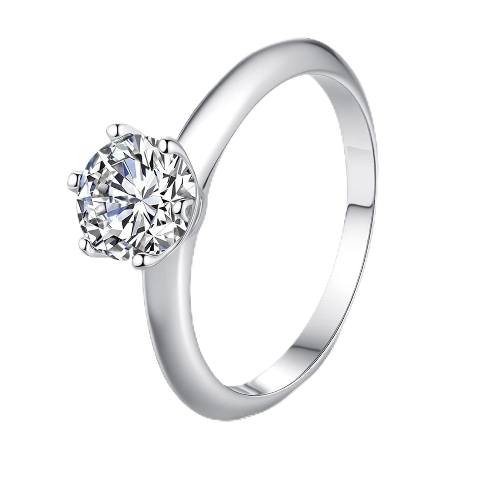 Anillos para mujer, anillos para mujer, delgados, 6 dientes, solitario, redondo, con moissanita de 5 quilates, plata de 18 quilates, oro blanco, talla 62 (19,7)