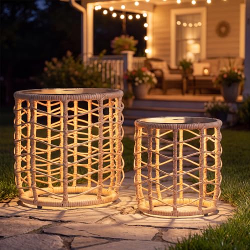 PROHIKER Solar Nesting Tables with Built-in Lights Set of 2 Outdoor PE Rattan Side End Table Coated Steel Frame 250lbs Capacity All Weather for Patio Porch Garden Balcony Indoor