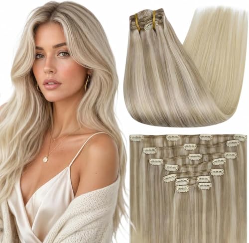 Image of Full Shine Clip in Hair Extensions Real Human Hair Ash Blonde Highlights | Natural Hair Clip in Extensions, Double Weft, Soft Straight, Remy Brazilian Hair, 7 Pcs 20 Inch 120g