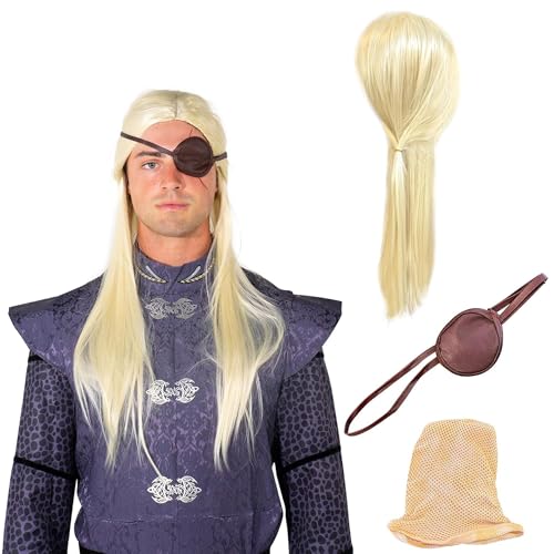 Watts Wigs Dragon Rider Costume Set Pre-Styled Long Blond Wig Brown House Leather Eyepatch and Beige Netted Wig Cap to Match Blonde Hair One Size Fits All