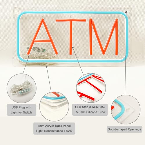 Image of ATM Neon Sign, Small Size, 12 inchx6 inch, USB Powered, 9 Levels of Brightness, Suitable for Bank Supermarket Convenience, Easy to Install on Store Wall Window as Room Decoration (Red, Transparent Acrylic)