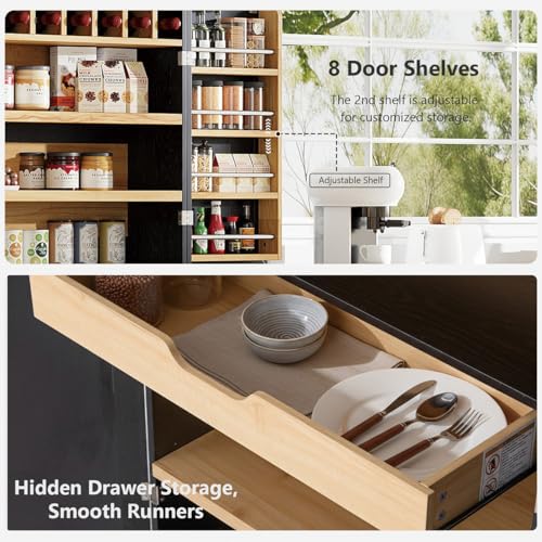 Image of 78.2 inch Tall Farmhouse Kitchen Pantry Cabinet with 8 Door Shelves & 4 Adjustable Shelves, Modern Storage Cabinet with Hidden Drawer & Wine Rack, Versatile Storage Cupboard for Kitchen (Black)