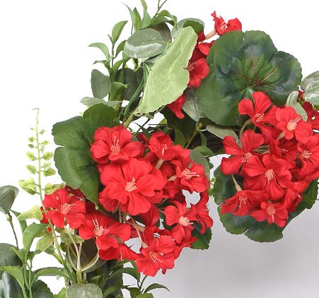 24 Inch Red Geranium Wreath On Hand Tied Twig Base, Artificial Floral, Spring And Summer Front Door Wreath #TOP1