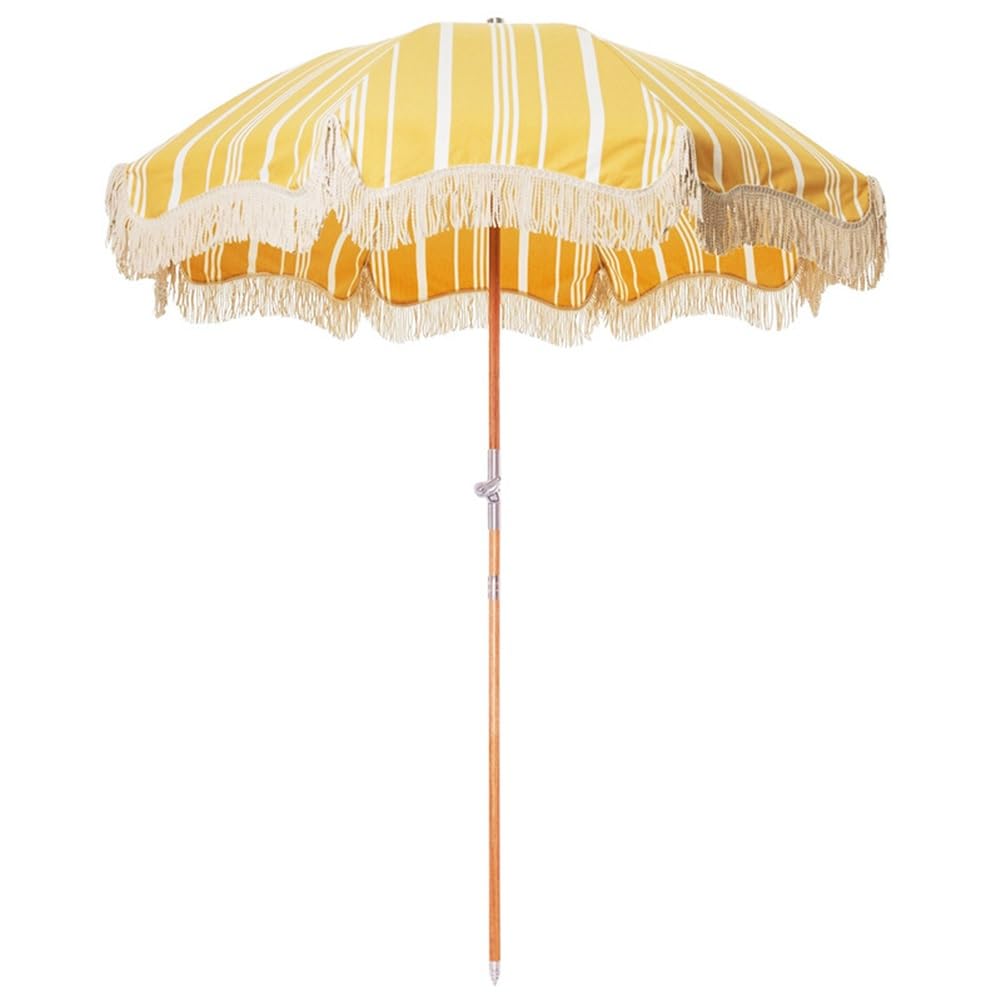 Duży Parasol Plażowy 6,5 Stopy Z Frędzlami, Uchylny, Paskowany Parasol Tarasowy Z Drewnianym Drążkiem, Ochrona Uv, Przenośny, Ogrodowy, Z Frędzlami I Torbą Transportową