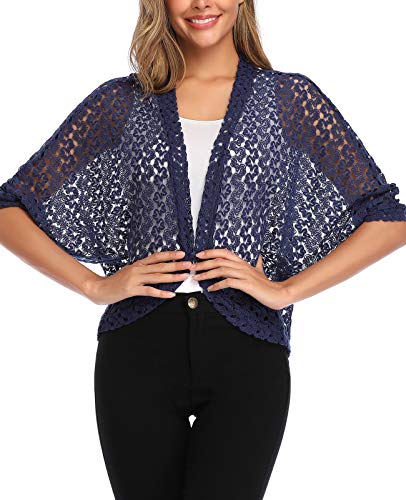 Aranmei Women's 3/4 Sleeve Shrug Lace Crochet Bolero Open Front Cardigan Jacket (Navy Blue X-Large)