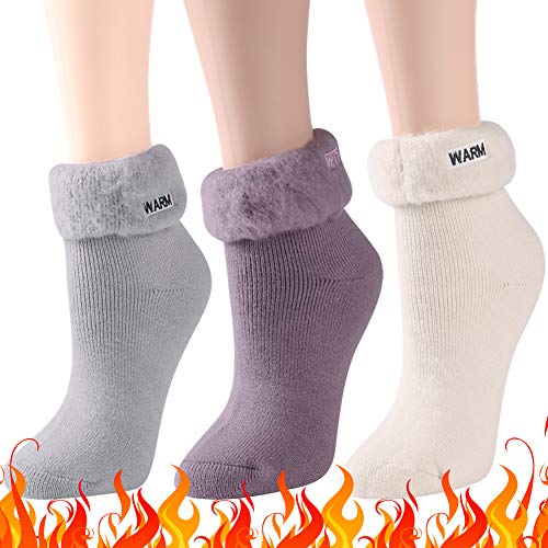 Three Street Winter Thermal Socks, Heated Insulated Fashion Vintage Mid Calf Cozy Warm Thermal Women Girl Working Hiking Skiing Casual Valentine’s Day Gift Socks One Size 3 Pairs Grey Beige Purple #TOP25