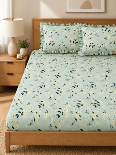 Image of 350 TC Premium Heavy Cotton Feel Elastic Fitted Bedsheet King Size with 2 Frill Pillow Covers King Size || Double Bed with All Around Elastic (Green Floral, King)