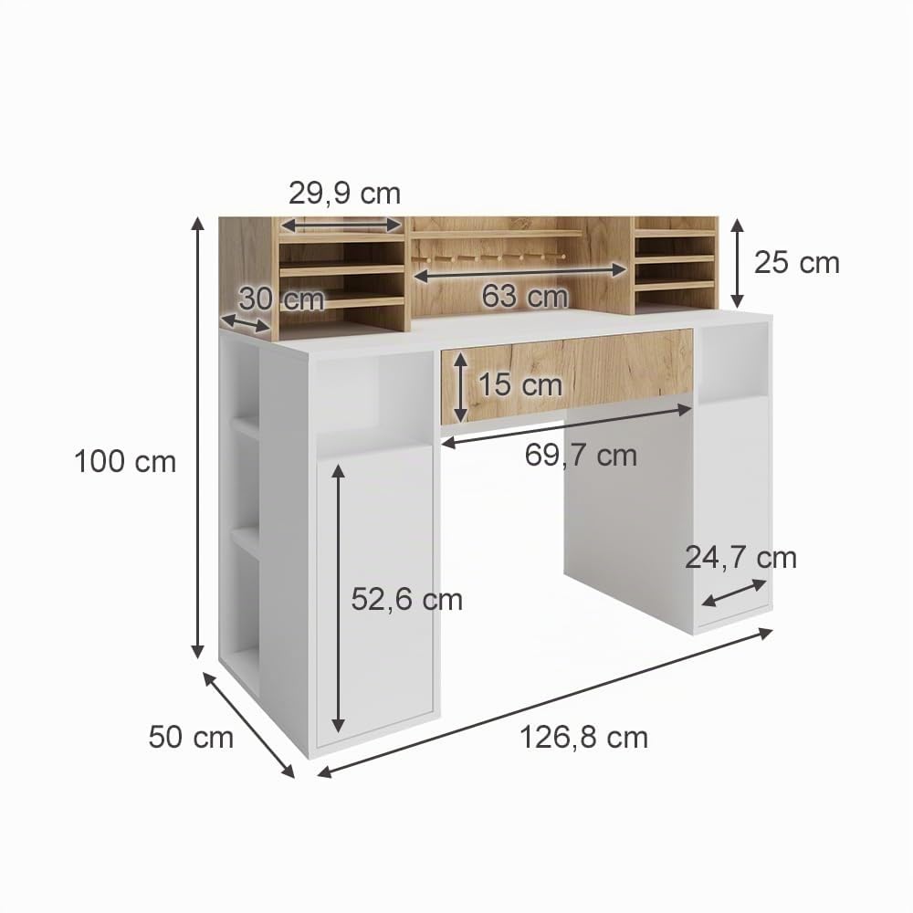 Vicco Bureau, Blanc/Sonoma, 126.8x50cm XL avec étagères, Convient comme Poste de Travail avec Passe-câbles et Surface de Rangement