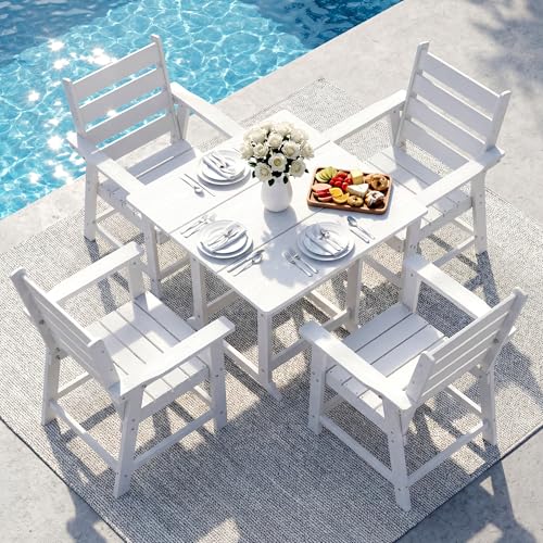 Image of 5 Piece Patio Dining Set, HDPE All-Weather Furniture with 4 Chairs & 1 Square Table, for Backyard, Garden, White