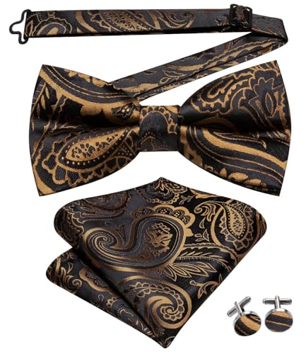 Image of Dubulle Mens Paisley Striped Bowtie Set Pre-tied Bowtie for Men and Pocket Square Set Wedding Business