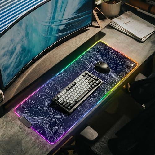Image of Gerlos RGB Gaming Mouse Pad, Large LED Desk Mat, 31.5 x 11.8 Inch | 12 light modes, non-slip base, water-resistant surface, stitched edges