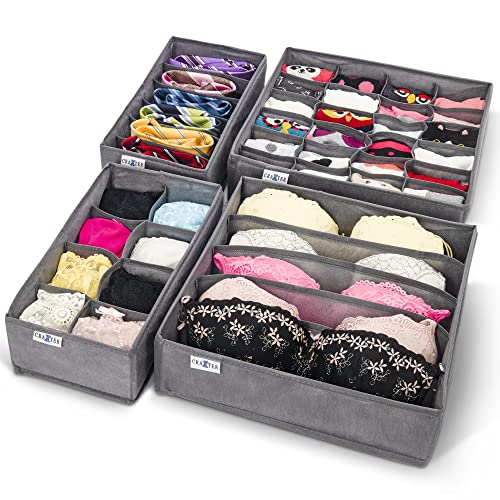 Underwear Drawer Organiser Divider – Set of Fabric Drawer Dividers for Clothes, Foldable Wardrobe Draw Organizer for Baby clothes, Socks, Bras, Scarf, Ties, Belts and Knickers (Set of 4 Grey)