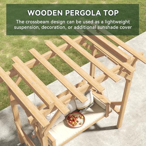 Image of Aoxun Cedar Wood Outdoor Pergola Swing Bench, Porch Swing with Stand, 3-Seat Hammock Patio Swing Set with Canopy，Metal Chains for Backyard, Garden, Natural