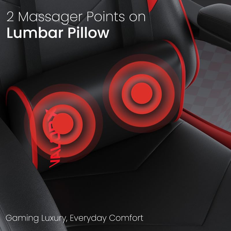 Image of ValorX USA Vector 2026 Edition I Ergonomic Gaming & Computer Chair in PU Leather | Dual Massager Back Cushion | Adjustable Neck & Lumbar Support | Ergo-Sync Armrests | Retractable Footrest (Red)