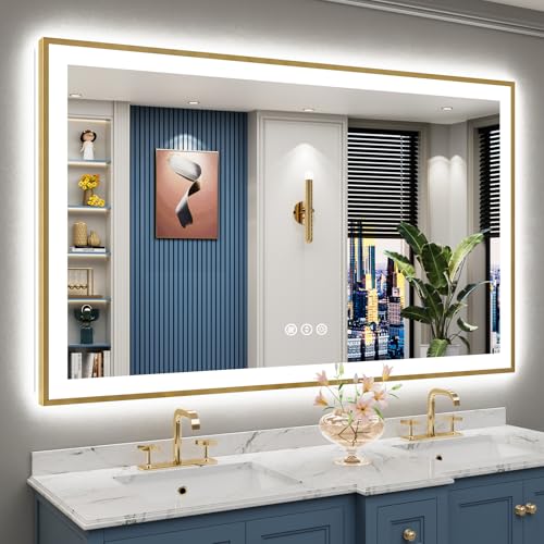 Image of 60x38 Gold LED Bathroom Mirror with Lights, Brushed Gold Framed Backlit and Front Lit Anti-Fog Lighted Vanity Mirrors for Bathroom Wall, Dimmable, 3 Colors, Memory, HD Tempered Glass, CRI 95