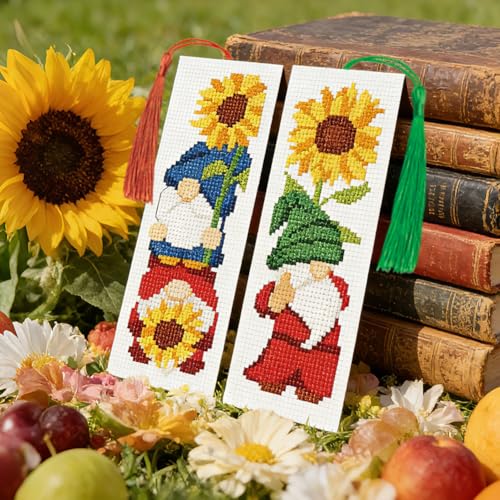 Image of ACRNIGHEET 6PCS Cross Stitch Bookmark Kit for Beginner Gnome Stamped Cross Stitch Kits Needlepoint Kit for Adults DIY Tassel Embroidery Bookmark Kits with Instructions Craft Gift 8.5 inchx3 inch 11CT
