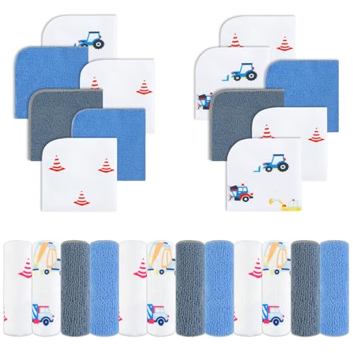 Image of Viviland Baby Washcloths, Super Soft Baby Bath Towels for Newborn 24 Pack, Absorbent Face & Body Wash Cloth for Baby Boy, Truck Pattern, 9 x 9 inch