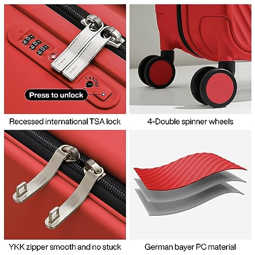 mixi Carry On Luggage Airline Approved 20\'\' Lightweight Luggage Wide Handle PC Hardshell Suitcases with Spinner Wheels & TSA Lock, Red