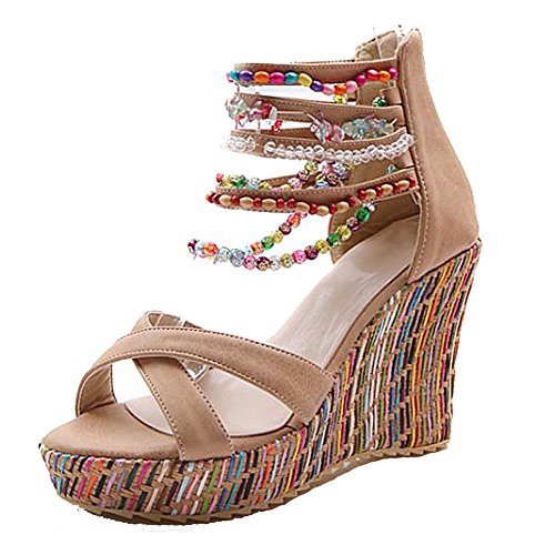 getmorebeauty Women's Wedge Pearls Across The Top Platform High Heels 8 B(M) US Beige