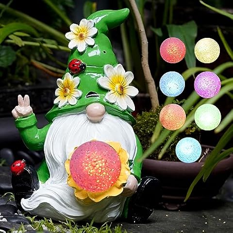 Mayuta Solar Gnomes Garden Statues - Summer Gnomes Decor for Outside with 7-Color Solar Flower Lamp - Perfect for Garden Patio and Lawn - Unique Gnome Gift for Women (Green) Cover