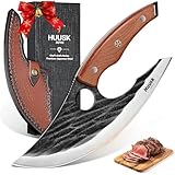 Huusk Japan Ulu Knife with Sheath - Christmas Gift for Men and Women - Hand Forged Caveman Ultimo Knife with Full Tang Wooden Handle - BBQ Knives for Vegetables, Fruit, Pizza