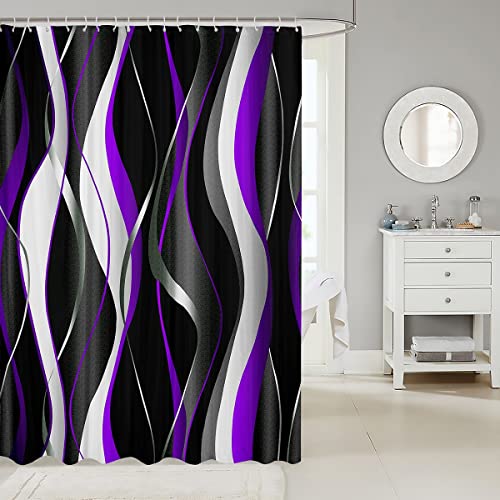 Loussiesd Purple Grey Black Shower Curtain Geometric Spiral Pattern Fabric Shower Curtains for Kids Boys Girls Abstract Bathroom Waterproof Accessories with 12 Hooks Modern Home Curtains,72x72 Inch - Image 2