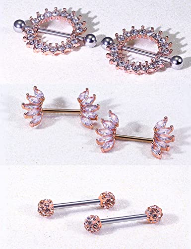 Lcolyoli 14G Surgical Steel Nipple Rings Nipple Shield Barbell Ring Bar Nipple Piercing Jewelry for Women Clear Diamond CZ Set4