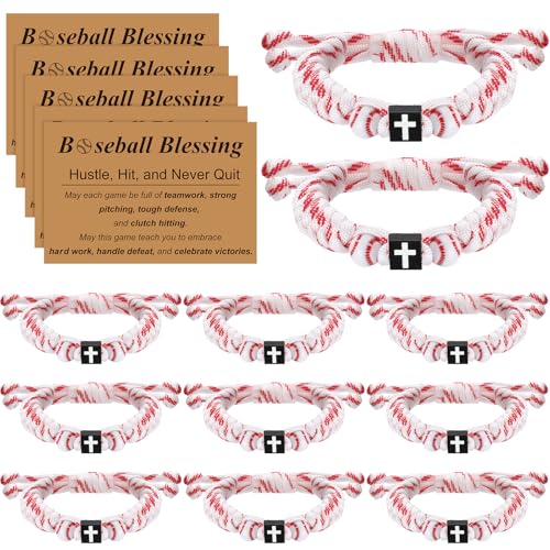 24 Pcs Christian Baseball Gifts for Teen 12 Cross Bracelets 12 Cards Adjustable Baseball Religious Bracelets Gifts