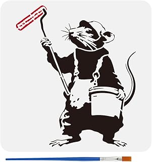 FINGERINSPIRE Banksy Mouse Stencil for Painting with Brush 11.8x11.8inch Reusable Mouse Holding Paint Roller Template Hollowed Rat Carrying Paint Bucket Stencil Plastic PET Banksy Theme Template