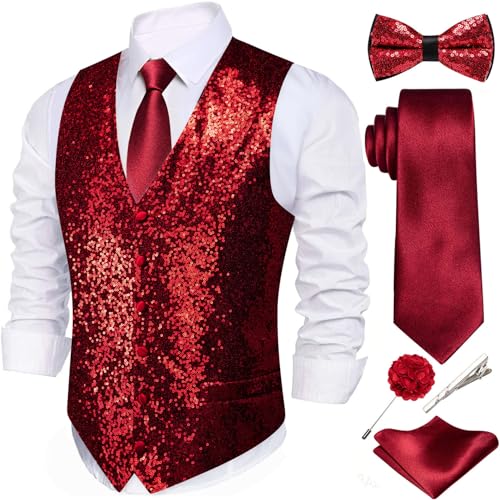Barry.Wang Mens Sequin Vest Tie Clip Bowtie Set V-neck Shiny Waistcoat Pocket Square Lapel Pin Party Prom Tuxedo 6PCS