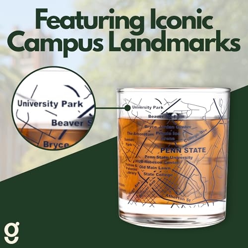 Image of Greenline Goods Penn State University Nittany Lions Whiskey Glasses Set of 2, 10 oz Rocks Glasses with Full-Color Logo & Campus Map - Officially Licensed Bourbon Glass Gift for Alumni & Fans